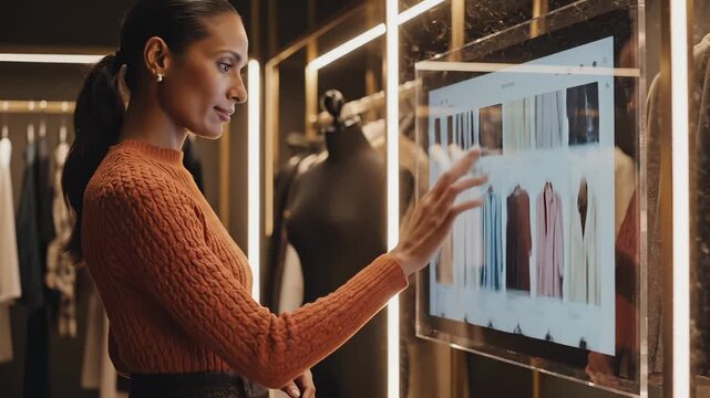Woman touches digital screen in luxury closet selecting clothing items. Smart wardrobe display shows fashion choices. Woman uses touchscreen in closet. Digital wardrobe interface for clothing.