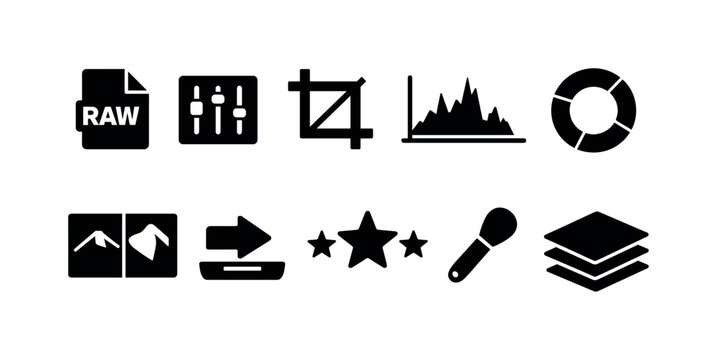 Collection of graphic design and photo editing icons in a simple black and white style
