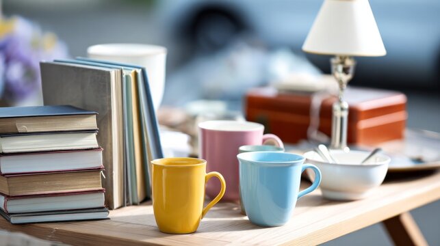 Displaying colorful mugs, books, and household goods at an outdoor flea market stall in daylight