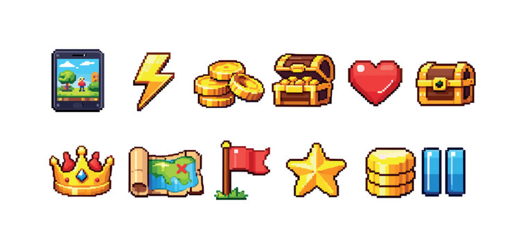 Collection of pixel art game icons featuring treasure, rewards, and gameplay elements