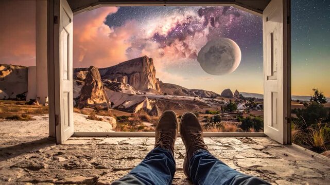 Open door reveals feet in foreground, with starry sky, moon, and landscape