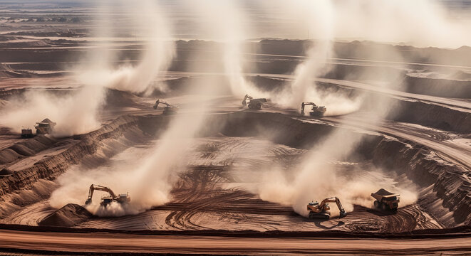 Industrial excavation and heavy machinery in a vast open-pit mine, with dust clouds rising from ongoing operations