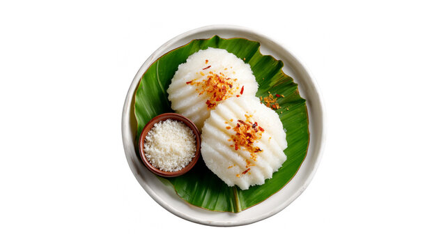 Top view of puto, a traditional filipino steamed rice cake, served on a banana leaf with grated coconut and topped with fried garlic bits isolated on transparent background