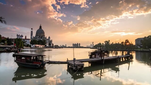 Serene waterfront scene features boats, docks, grand domed architecture, and golden sky reflections