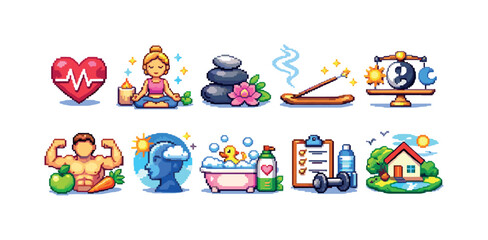 Obraz premium Pixel art icons representing healthy lifestyle choices and well-being concepts
