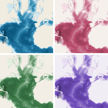 Atlantic Great Circles Bathymetric Ocean Depth Map - Gnomonic Projection - Scalable Multi-Color Seafloor Relief Topography with Depth Legend Showing Continental Shelves Mid-Ocean Ridges and Abyssal