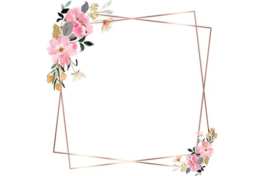 Geometric floral frame, rose gold border, pink flowers, elegant decoration, wedding invitation template