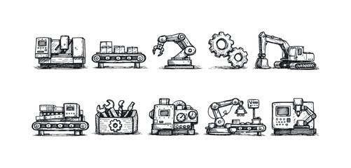 Naklejka premium Collection of industrial machinery and automation elements in a hand-drawn sketch style