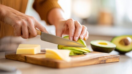 Obraz premium Hands slicing fresh avocado and cheese on a wooden cutting board, preparing healthy food in a home kitchen