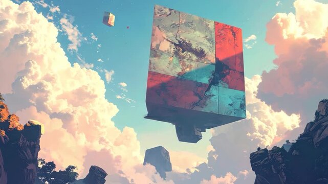 Surreal landscape with geometric structures floating amid clouds and mountains, sky above
