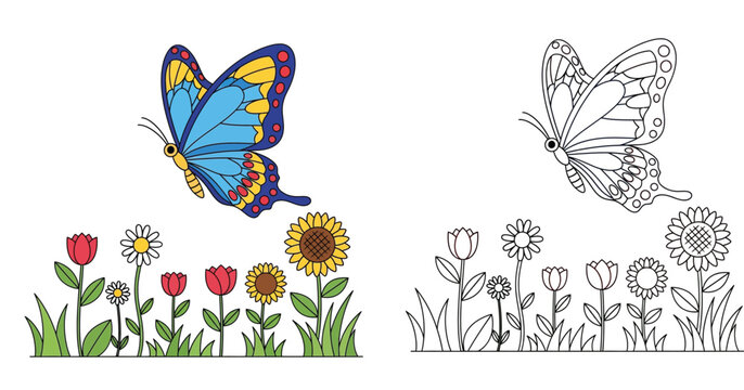 Butterfly and Flower Garden Coloring Page for Kids, Vector Illustration Set with Colored Version and Black and White Line Art, Nature Scene with Sunflowers, Tulips, and Daisy