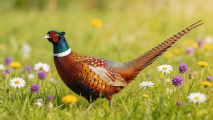 Fototapeta premium Pheasant in Field of Wildflowers