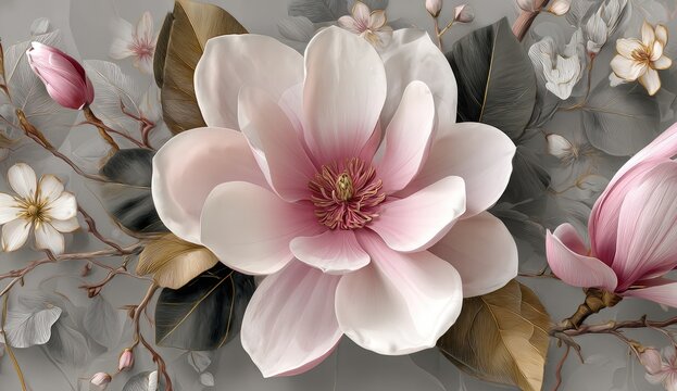 A close-up illustration of a large, soft pink and white flower with surrounding stems and other blossoms on a gray backdrop