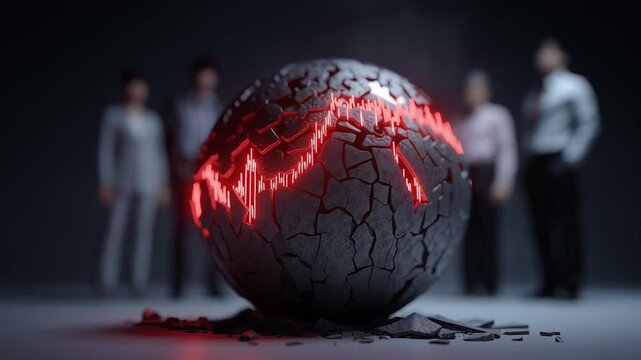 A cracked globe symbolizes a financial crisis as red trend lines indicate market decline. Business figures observe the situation, deep in analysis during a critical moment.