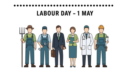 Celebrating Labour Day: A diverse group of workers, each representing a different profession, stands united to honor Labour Day on the 1st of May. © FARHANA
