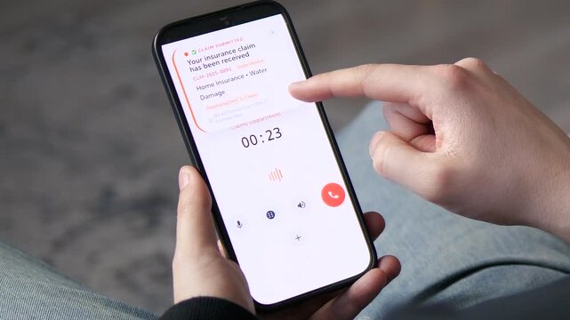 Close-up of male hands on a smartphone during a marketplace return call. A notification pops up confirming successful return registration. Perfect for e-commerce, customer service, or refund scenarios