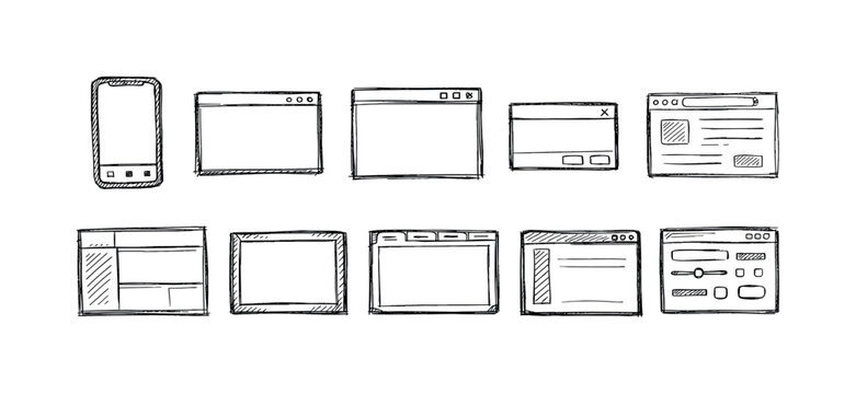 Collection of hand-drawn digital interface elements and browser windows