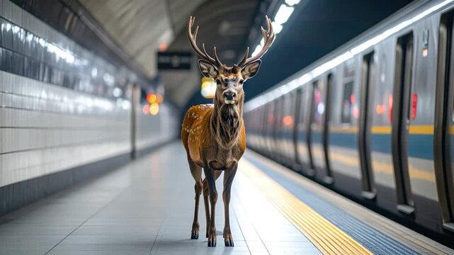 A stately deer stands facing the camera in a subway station, with a train alongside