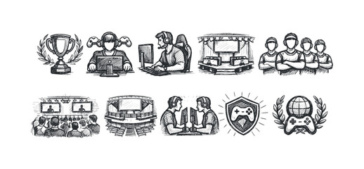 Obraz premium Collection of hand-drawn sketches representing esports and gaming culture elements