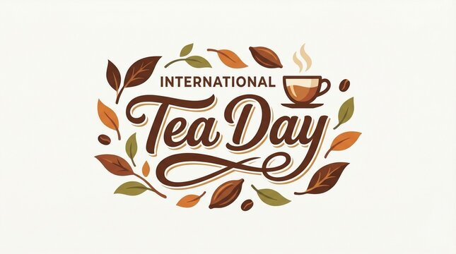 Tea day typography design with leaves and cup illustration showing festive celebration culture branding concept for global beverage promotion and creative poster use
