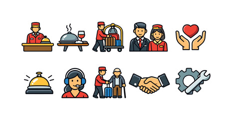 Fototapeta premium Hotel service icons: reception, dining, bellhop, staff, and support