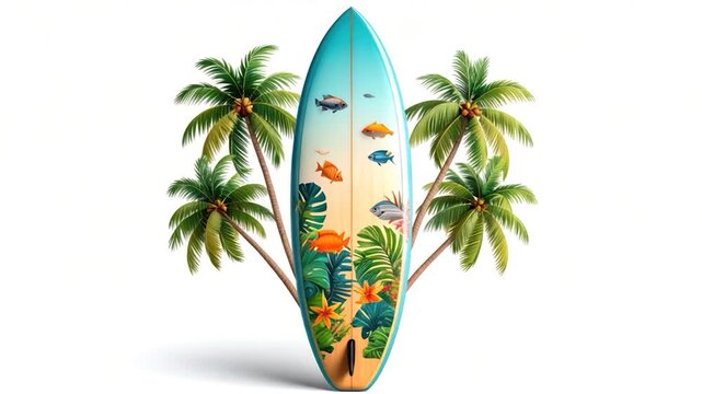 A surfboard, decorated with fish and foliage, stands between two palm trees