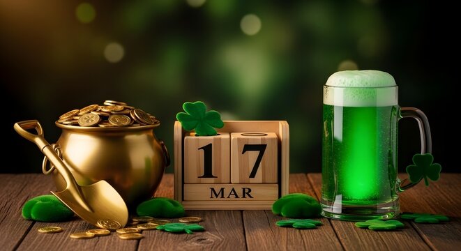 Festive March Celebration with Golden Treasure and Refreshing Beverage &ndash; Luck, Prosperity, and Seasonal Joy