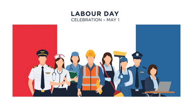 Labor Day Celebrations: An illustration that captures the essence of Labor Day, featuring a diverse group of professionals against the backdrop of a national flag.