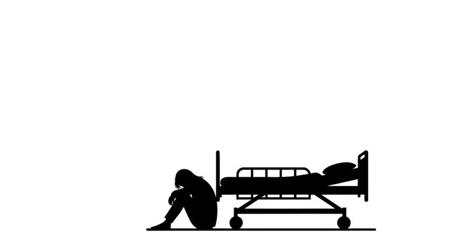 Depressed person sitting beside hospital bed with railings and wheels on white background