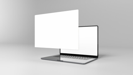 Laptop with blank floating screen panel, digital presentation mockup and web design concept.
