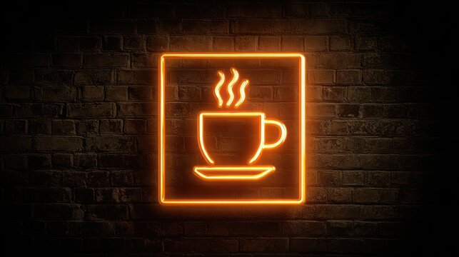 Glowing Orange Neon Coffee Cup Sign on Brick Wall.