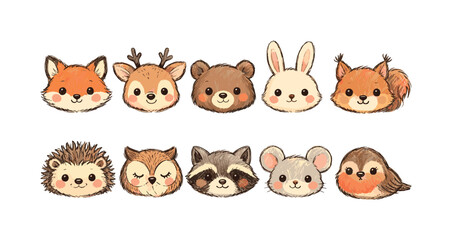 Fototapeta premium Cute watercolor forest animal faces collection for children's designs