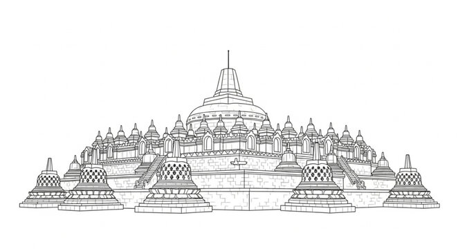 Detailed Line Art Depiction of the Borobudur Temple in Indonesia.