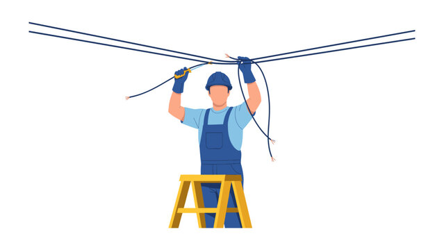 Connecting the Wires: An electrician on a stepladder carefully works on overhead cables, demonstrating his expertise and dedication. 