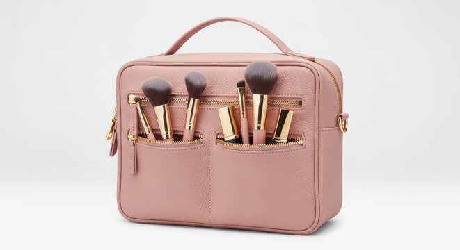 Pink leather makeup bag with gold brushes and zippers isolated on white background