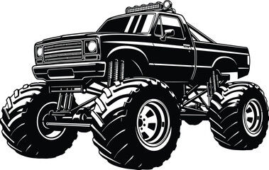 A large black monster truck with oversized tires and a lifted suspension © mhk365