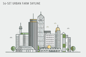 Obraz premium Stylized skyline illustration featuring modern buildings and green urban elements