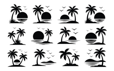 Obraz premium Tropical island silhouettes with palm trees sunset and birds black icons on white background for travel and vacation concepts
