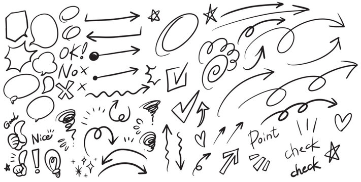 手書きのイラストセット 矢印 感情 丸 採点 ハンドサイン