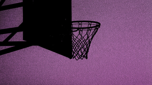 Basketball rim basket purple background with black shadow sunset perspective, minimalist contrast for hoop fans
