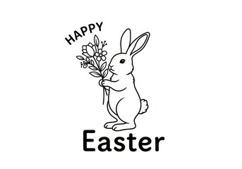 Fototapeta premium A cute black and white line art illustration of an easter bunny holding a small flower bouquet