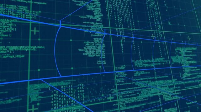 Digital animation of data processing over grid network on blue background