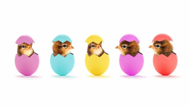 Five cute brown chicks peeking from colorful easter eggs. Animated cinemagraph, parallax animation, based on an original photograph.