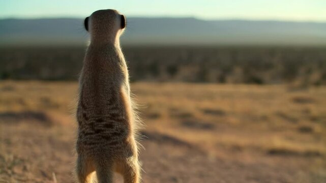 Meerkat Vigil Cast. Watchful Meerkat Standing Atop Boulder Overlooks Vast Arid Plains At Twilight
