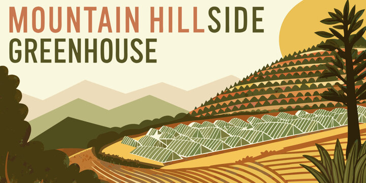 A stylized illustration of a greenhouse built into a mountainside