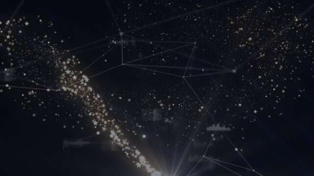 Animation of snow falling over network of connections on black background