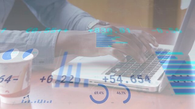 Animation of financial data processing over african american businessman using laptop