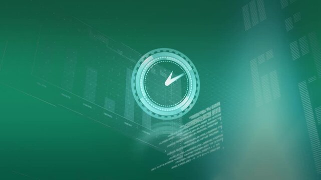 Animation of clock over digital screen with data on green background