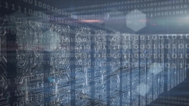Animation of computer data processing and binary coding over computer servers in background