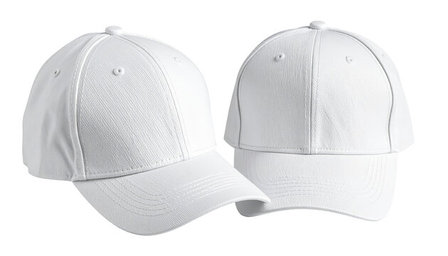Two pristine white baseball caps, one angled, showcasing curved visors and structured panels. Clean, neutral backdrop emphasizes their simple design